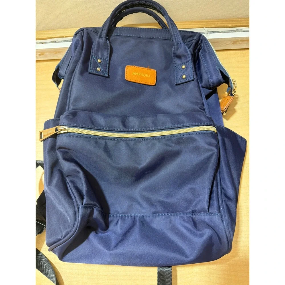 Amphora Navy Blue Nylon Backpack Gold Hardware Top Handle Travel Bag